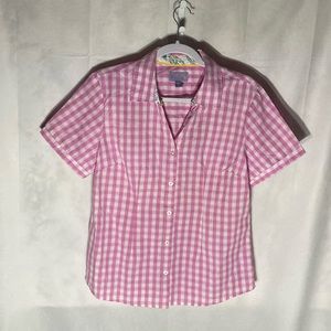 48-1 LAURA SCOTT purple white checkered short sleeve button up top M